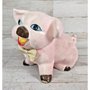 Vintage Ries Japan Flocked Handpainted Pig Piggy Bank Ceramic Pink MISSING PLUG